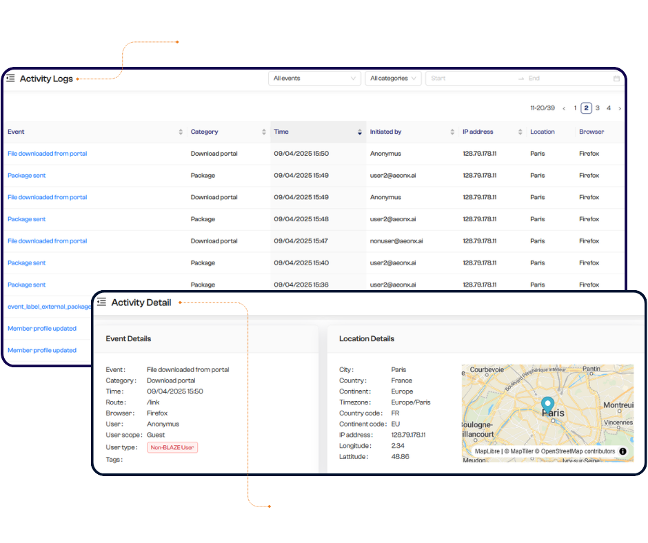 BLAZE Quantum activity logs and transfer monitoring