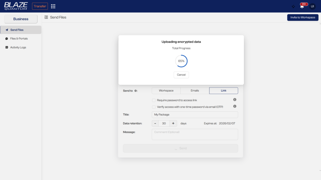 BLAZE Quantum Interface showing secure file upload