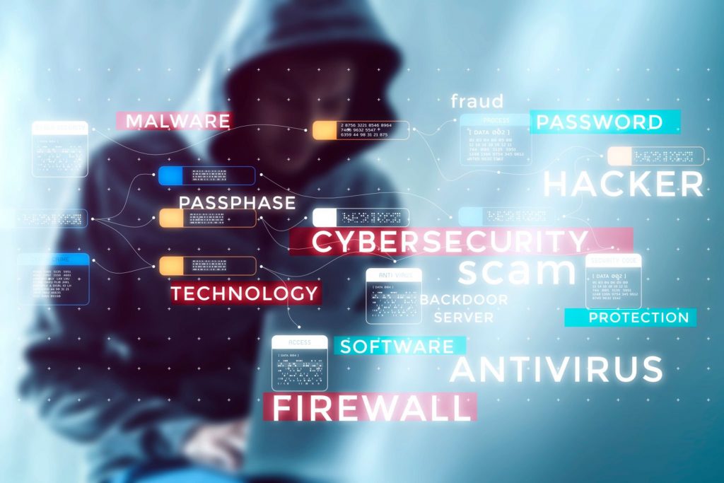 Cybersecurity cybercrime internet scam anonymous hacker, crypto currency investment digital network VPN technology computer virus attack risk protection.