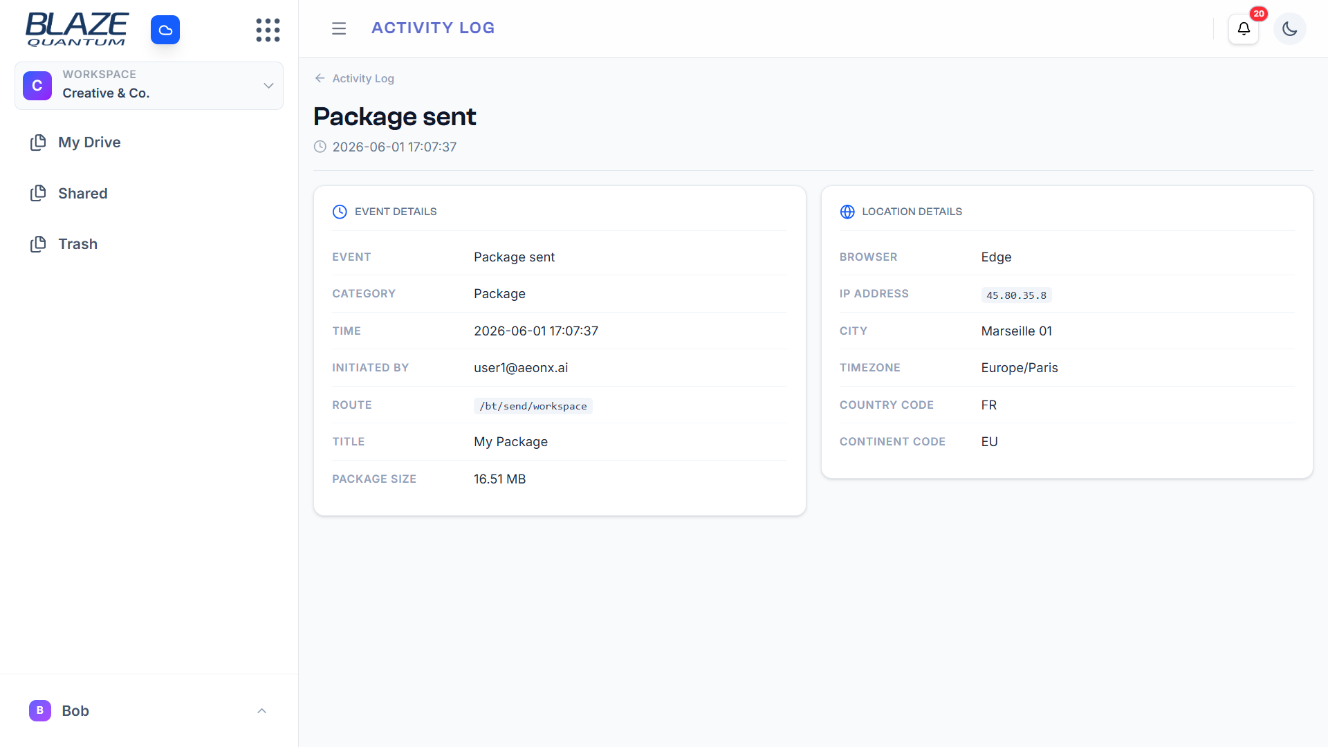 BLAZE Quantum — Activity logs