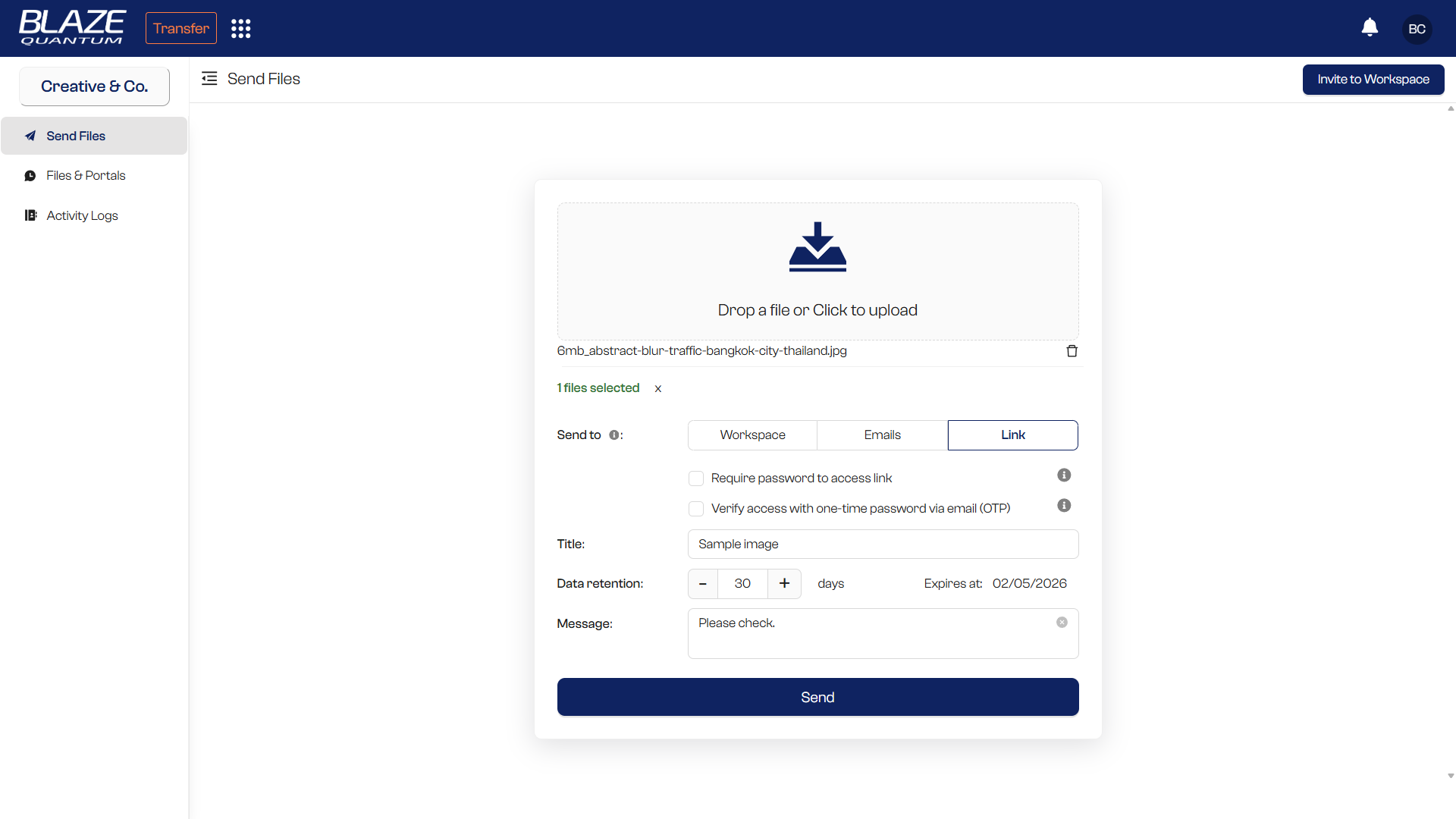 BLAZE Quantum — Send files